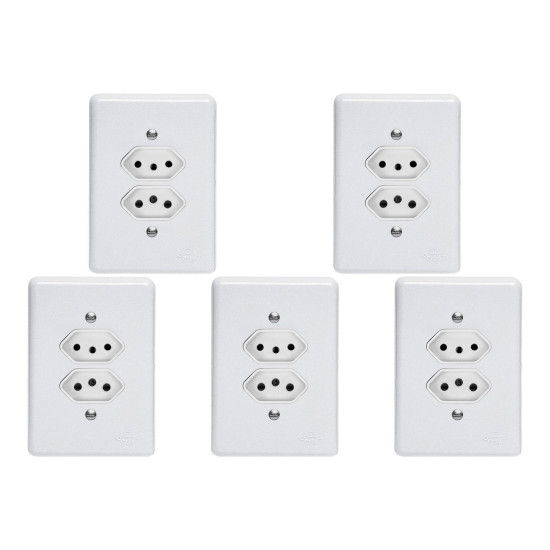 Kit C/5 - Conjunto Perlex''Branca''Com Placa(2Tomadas 10/...