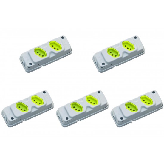 Kit C/5 - Tomada Barra Fiolux 2P+T. 20A. Dupla Cinza/Verde